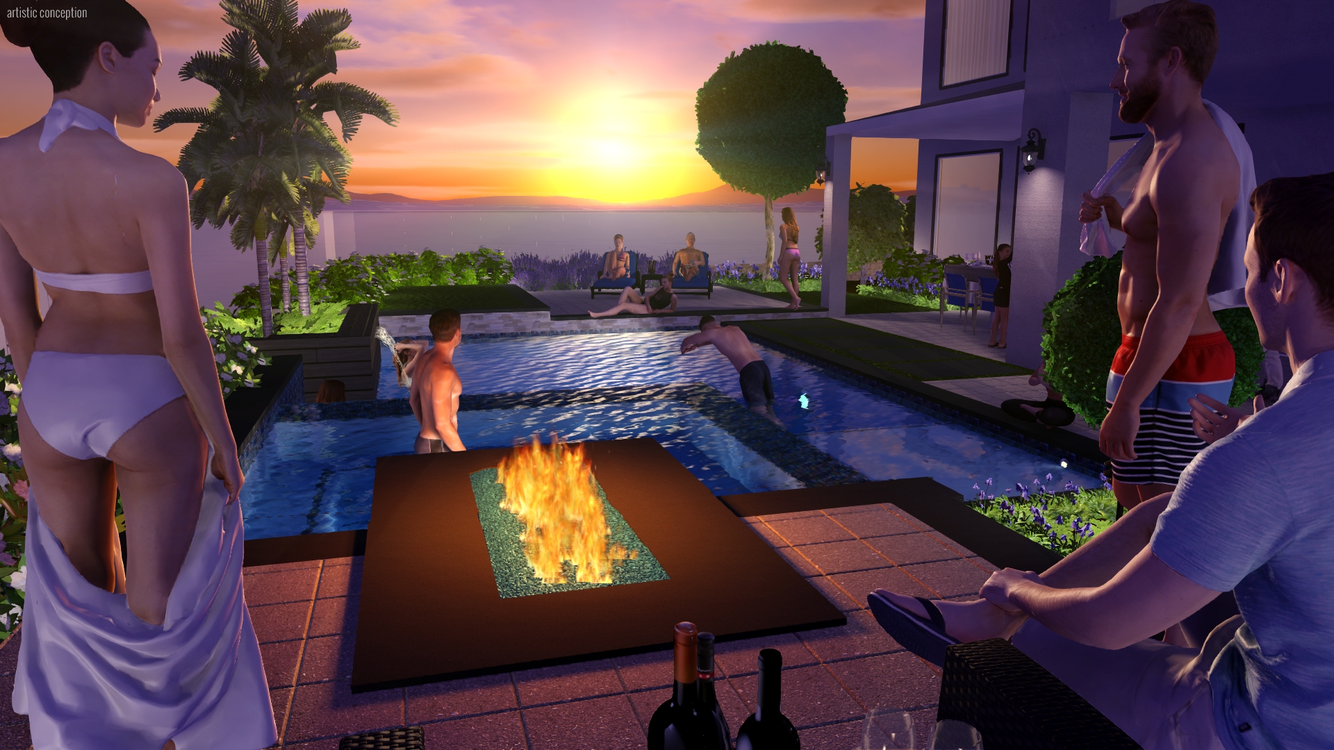 a computer aided design rendering of a group of people around a contemporary pool at sunset